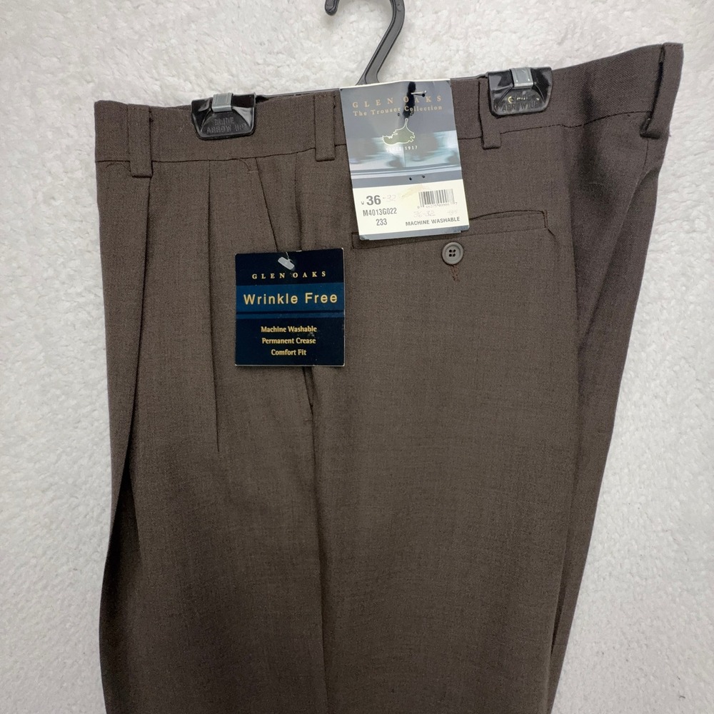 Glen Oaks Men Brown Pleated Dress Pants 36x32 Wrinkle Free Wool Blend M4013G022